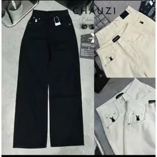 QUẦN JEANS ỐNG RỘNG NỮ LƯNG CAO THÊU THỎ TRƯỚC MÀU TRẮNG ĐEN LAI CUỐN SIÊU HOT HIT XỊN SÒ QD813